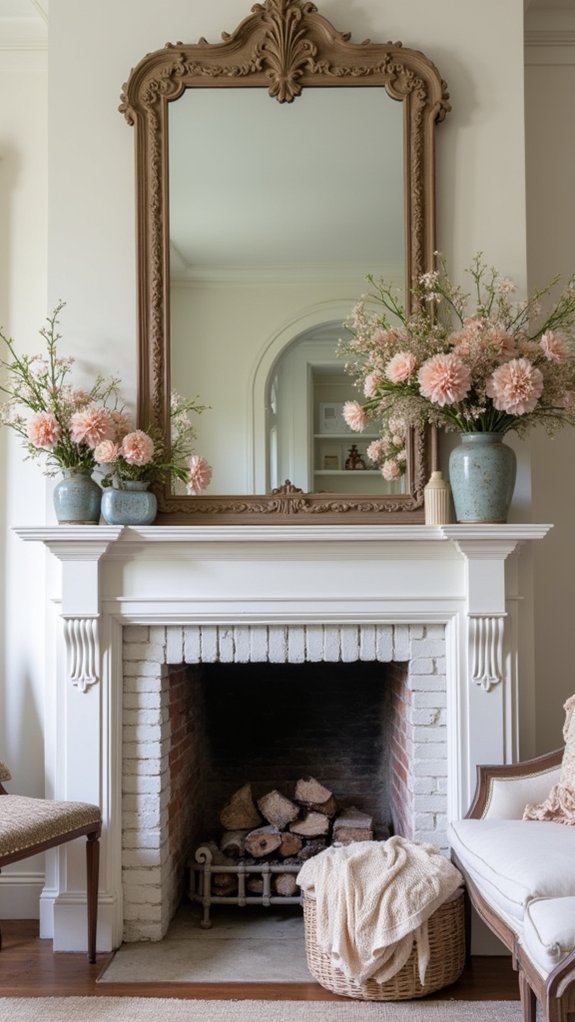 floral decor enhances fireplace