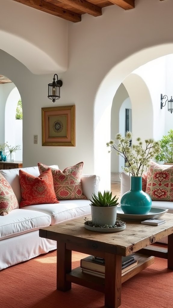 vibrant accents on whitewashed walls