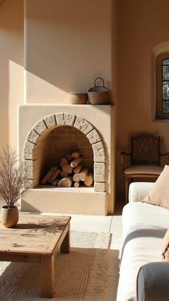 calming neutral stone fireplace