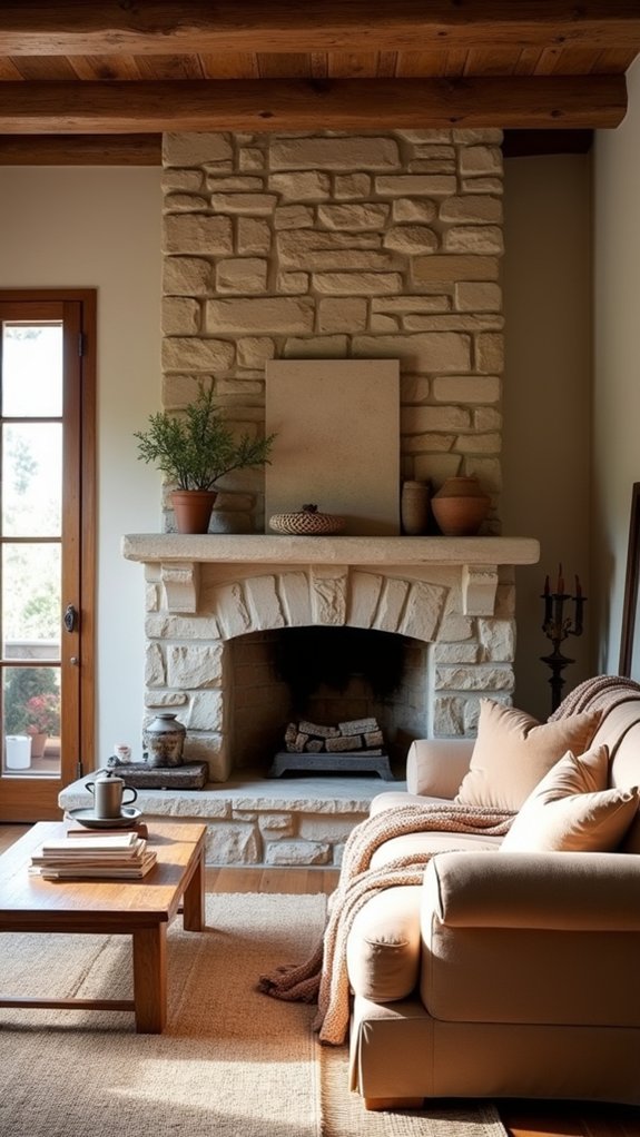 cozy stone fireplace aesthetics