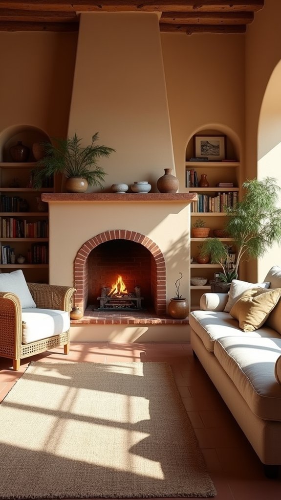 inviting fireplace with shelves