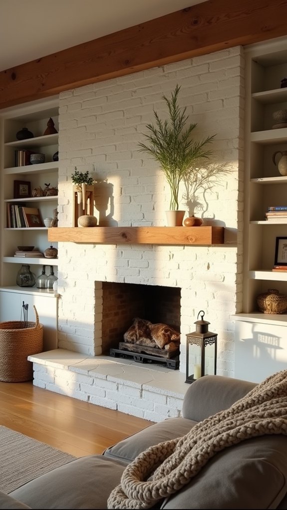 open fireplace with built ins