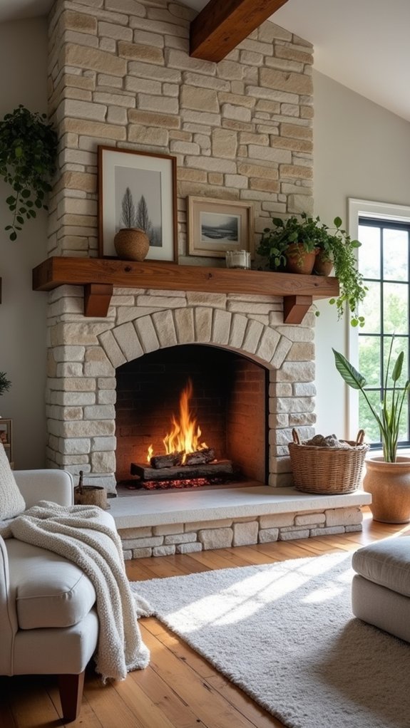 stone wall with fireplace