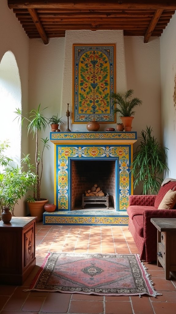 vibrant tiles enhance fireplaces
