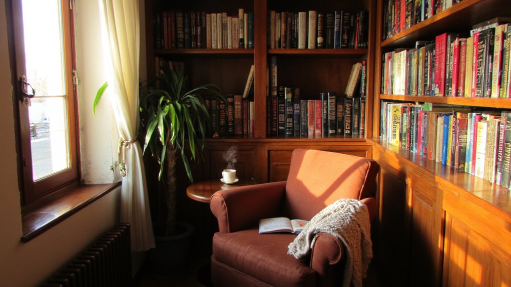cozy nook with bookshelves