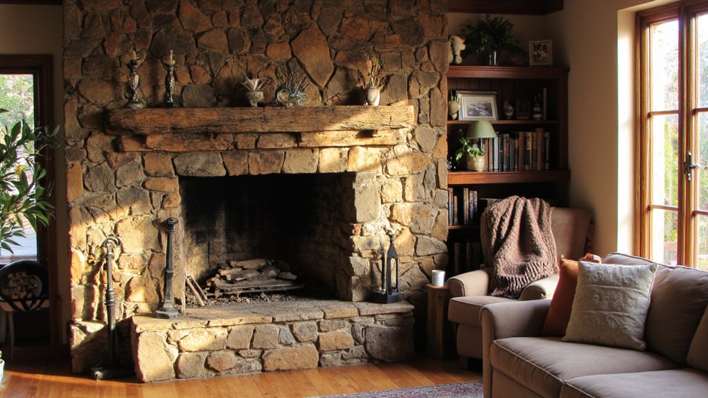 cozy rustic stone fireplace