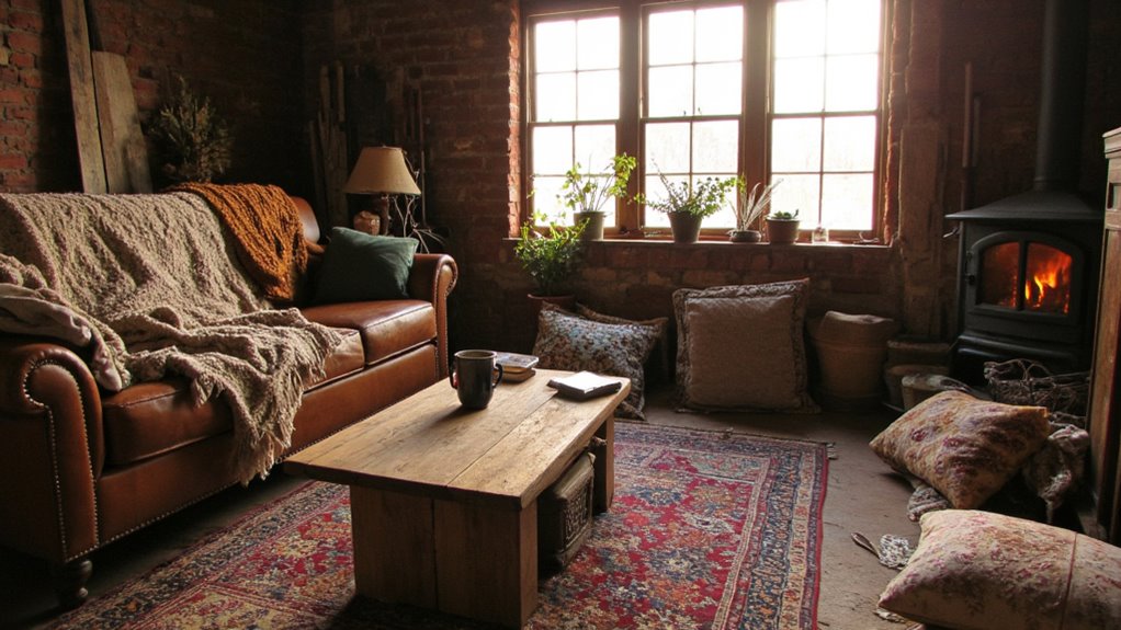 cozy textiles enhance rustic warmth