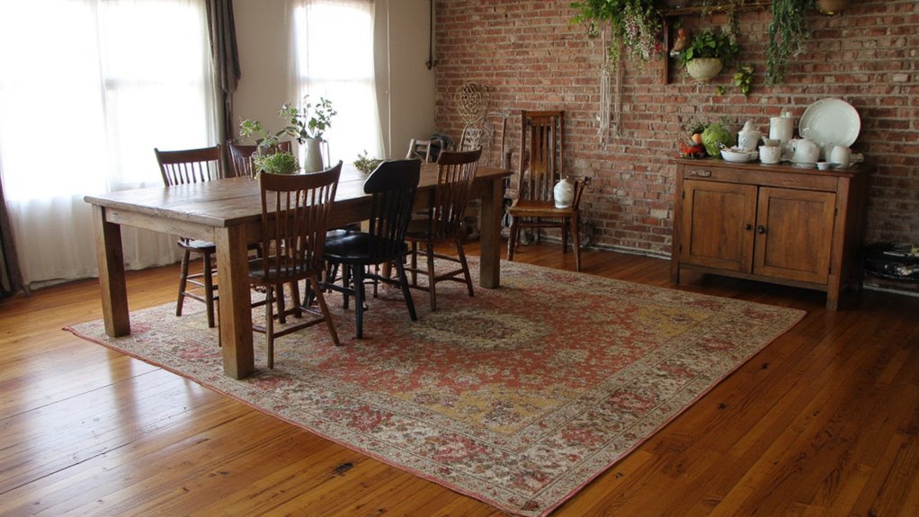 rustic rug enhances dining ambiance