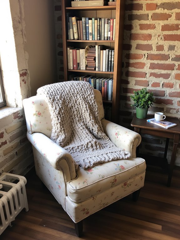cozy armchair rustic bookshelf