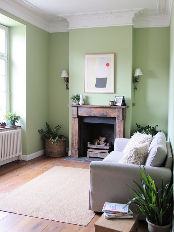 cozy fireplace with artwork