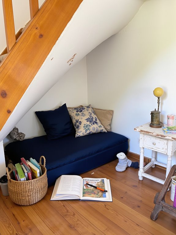 cozy under stair reading nook