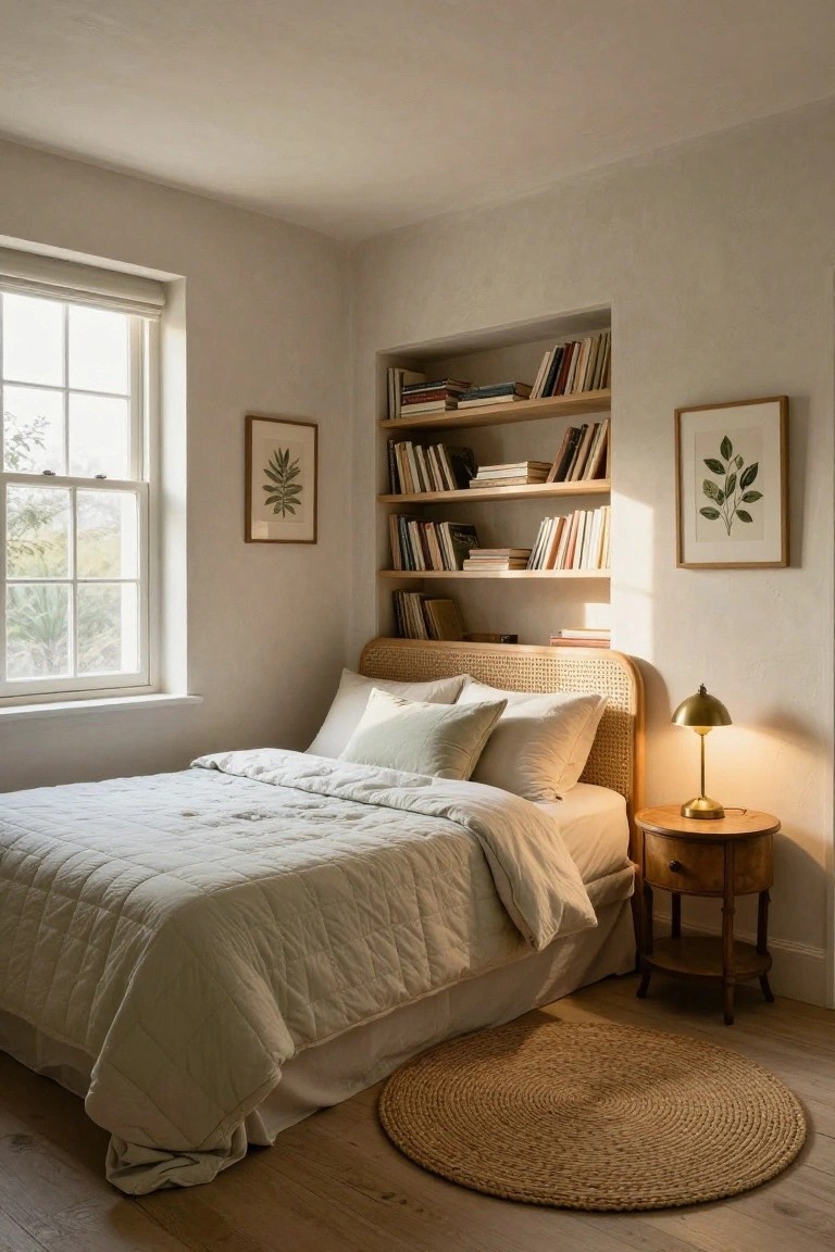 A bedroom corner showing a bed with rattan headboard and white bedding, flanked by a wall niche with wooden bookshelves filled with books, framed leaf prints on walls, a brass lamp on a wooden side table, seagrass rug on wood floors, and window light.