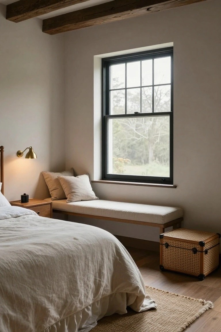 Bedroom with exposed wood beam ceiling, white bed with beige linens, wooden nightstand, beige cushions on a bench under black-framed window overlooking trees, brass wall lamp, rattan box, and seagrass rug on wood floor.