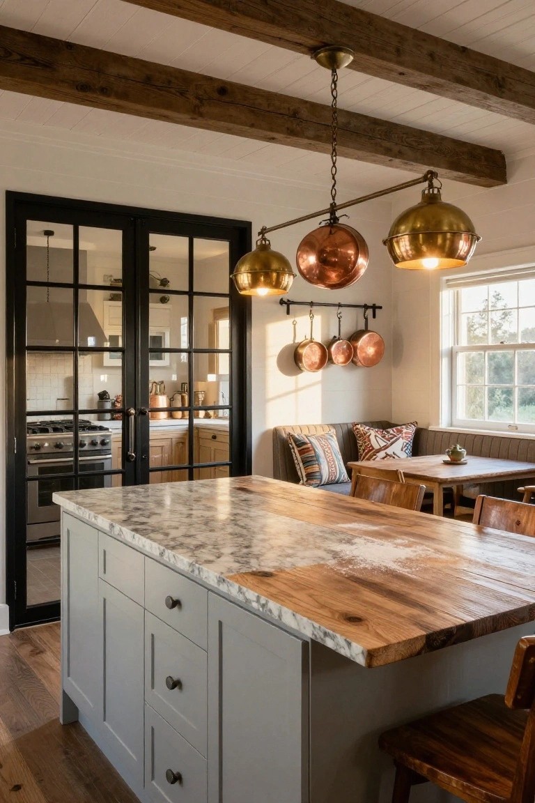 Modern farmhouse kitchen with central island topped by thick wood butcher block over white marble, gray base cabinets, copper pendant lights overhead, exposed wood beam ceiling, black metal-framed glass doors to adjacent room, and window-lined banquette with wood table.