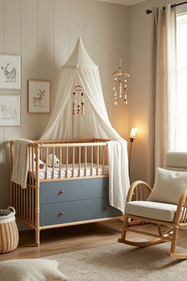 Nursery room with wooden crib under white fabric canopy, integrated blue drawers underneath, rattan rocking chair, knit blanket, basket, and framed animal artwork on light walls.