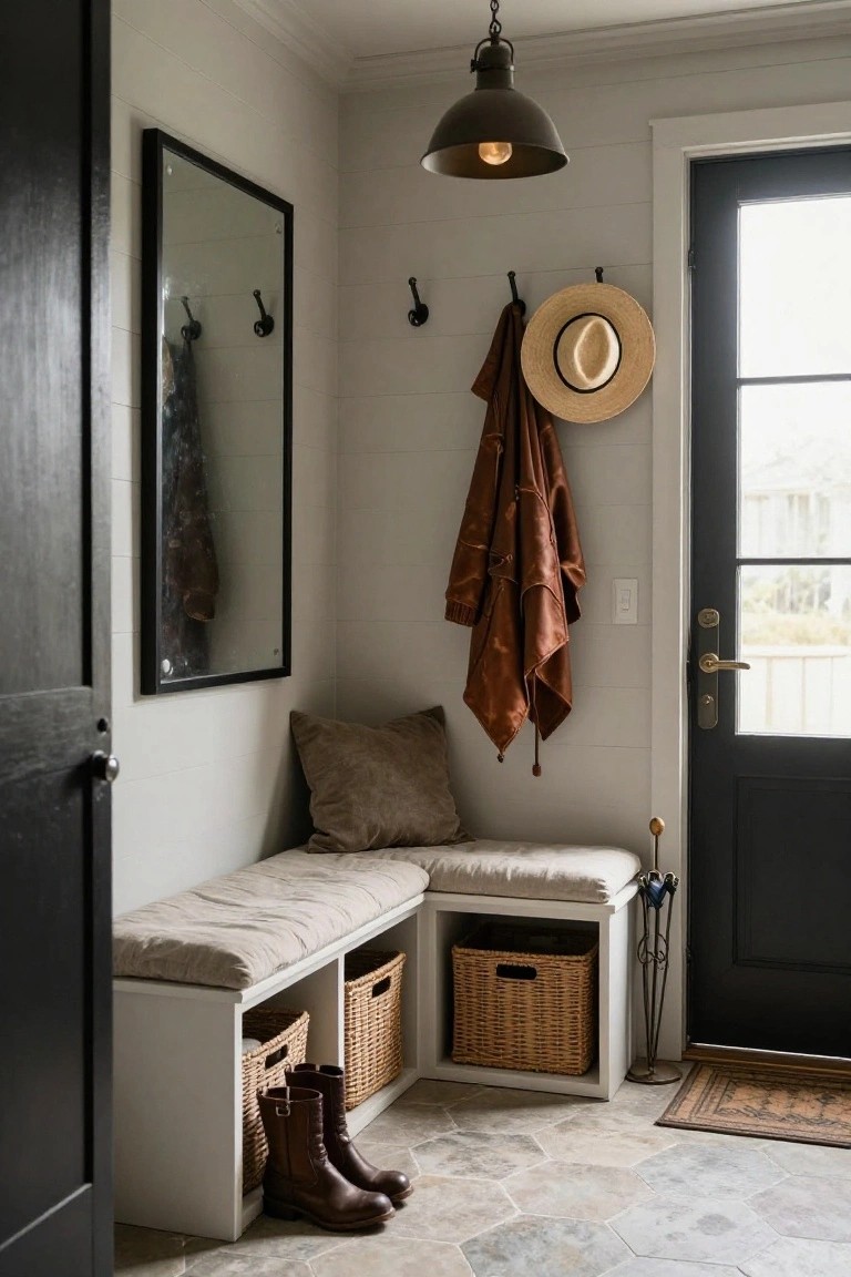 Cozy mudroom with bench, hooks, brown jacket, hat, and boots.