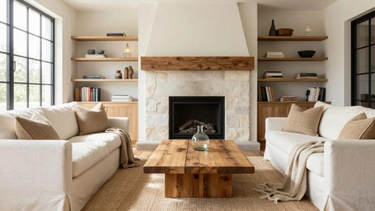 Living room interior with a tall stone fireplace and reclaimed wood mantel flanked by white sofas, rattan armchairs, wood coffee table, jute rug, and large windows overlooking trees.