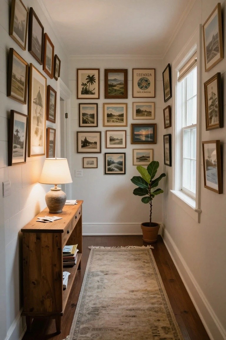 Narrow white interior hallway with walls covered in numerous small to medium framed artwork mostly depicting landscapes, a wooden console table holding a ceramic lamp and books, a potted fiddle leaf fig plant, a beige runner rug on hardwood floors, and a window at the end.