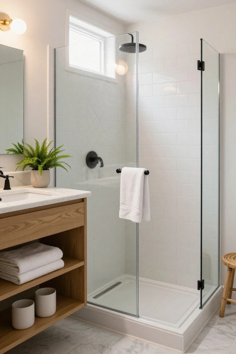 Small modern bathroom with oak wood vanity under marble countertop, open shelves holding towels and ceramic mugs, glass shower enclosure with black fixtures and subway tile walls, ferns on counter, and white towel on grab bar.