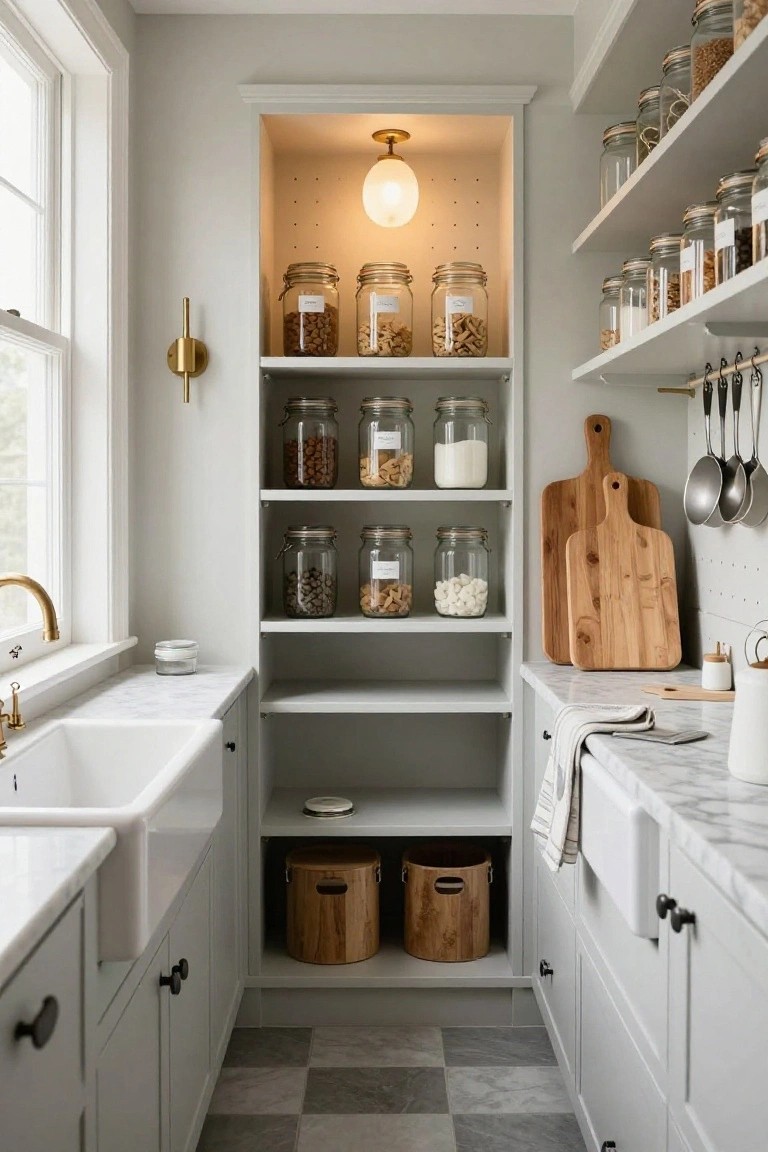 A kitchen pantry area with open white shelves stocked with labeled glass jars of dry goods like nuts and grains, wooden cutting boards leaning against the wall, hanging utensils, and a white farmhouse sink on a marble countertop.