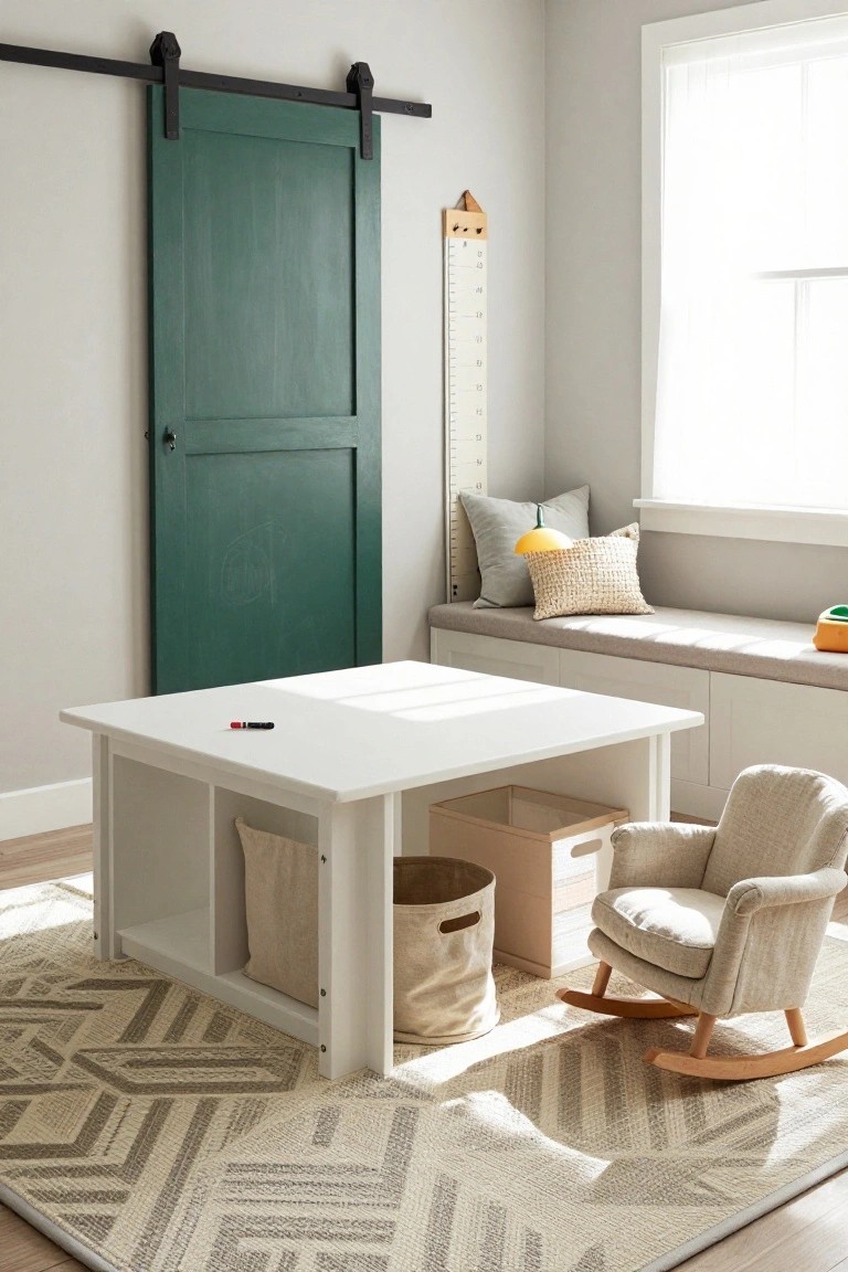 Children's playroom with white square play table featuring side cubbies holding baskets, cream upholstered rocking chair, built-in window seat bench with pillows, green sliding barn door, and growth chart on wall.