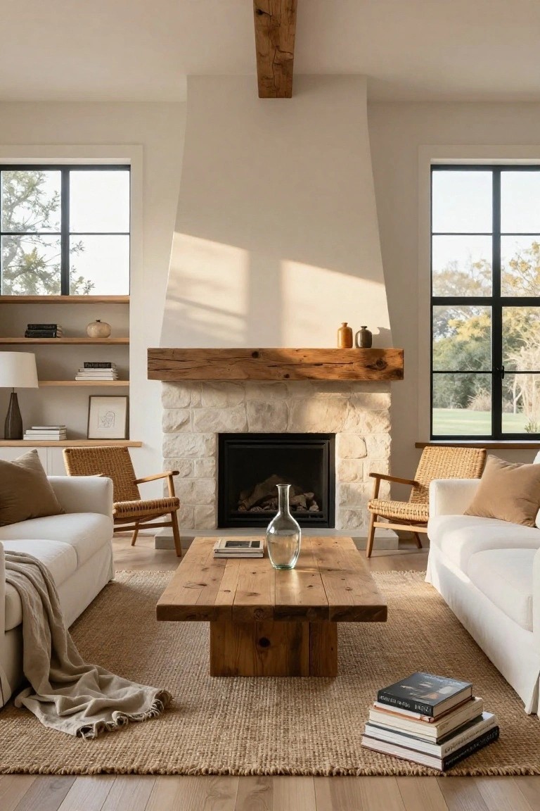 Living room interior with a tall stone fireplace and reclaimed wood mantel flanked by white sofas, rattan armchairs, wood coffee table, jute rug, and large windows overlooking trees.