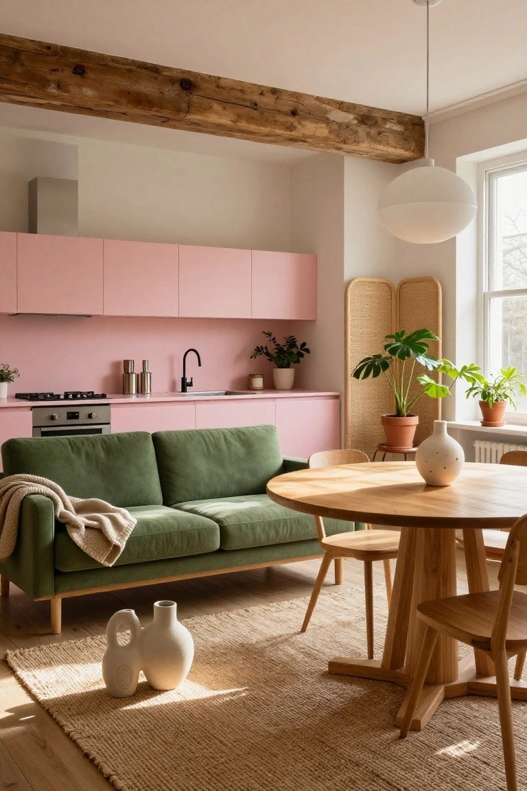 Modern kitchen with pink cabinets, green sofa, and wooden dining table.