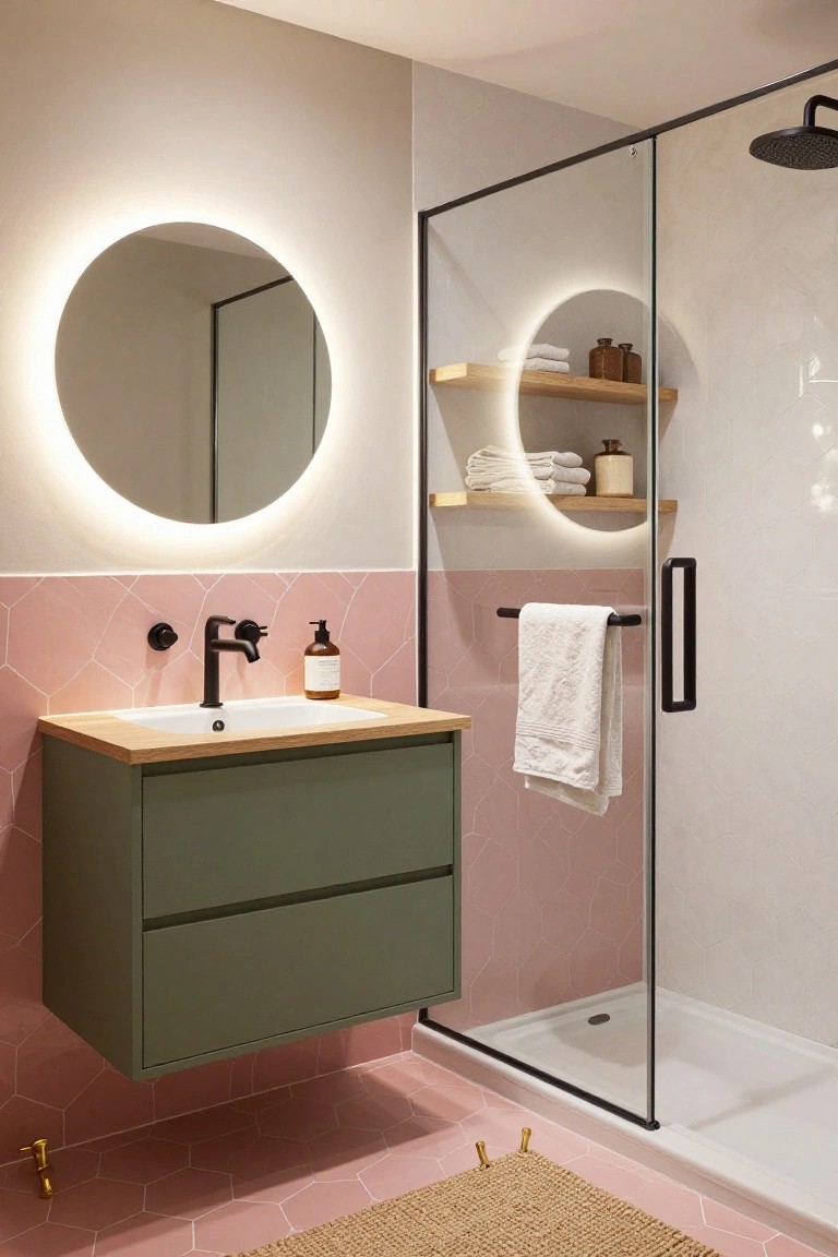 Modern bathroom with pink hexagonal tiles on lower walls and floor, floating sage green vanity with wood top and sink, black fixtures, glass shower enclosure, wooden shelves, and round backlit mirror.
