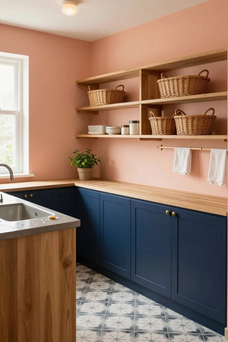 Corner kitchen area with blush pink walls, navy blue lower cabinets, oak wood worktops and shelves holding wicker baskets, white towels on a rail, a potted plant, stainless sink, and star-patterned floor tiles.
