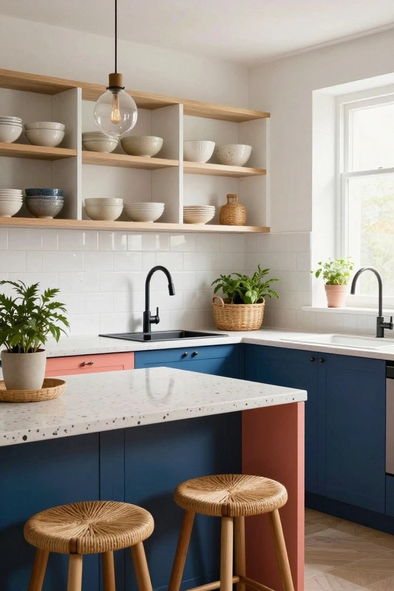 Modern kitchen with navy blue lower cabinets, pink island base, white quartz countertops, open oak shelving with white bowls and plants, black faucets, rattan stools on wood legs, and white subway tile backsplash.