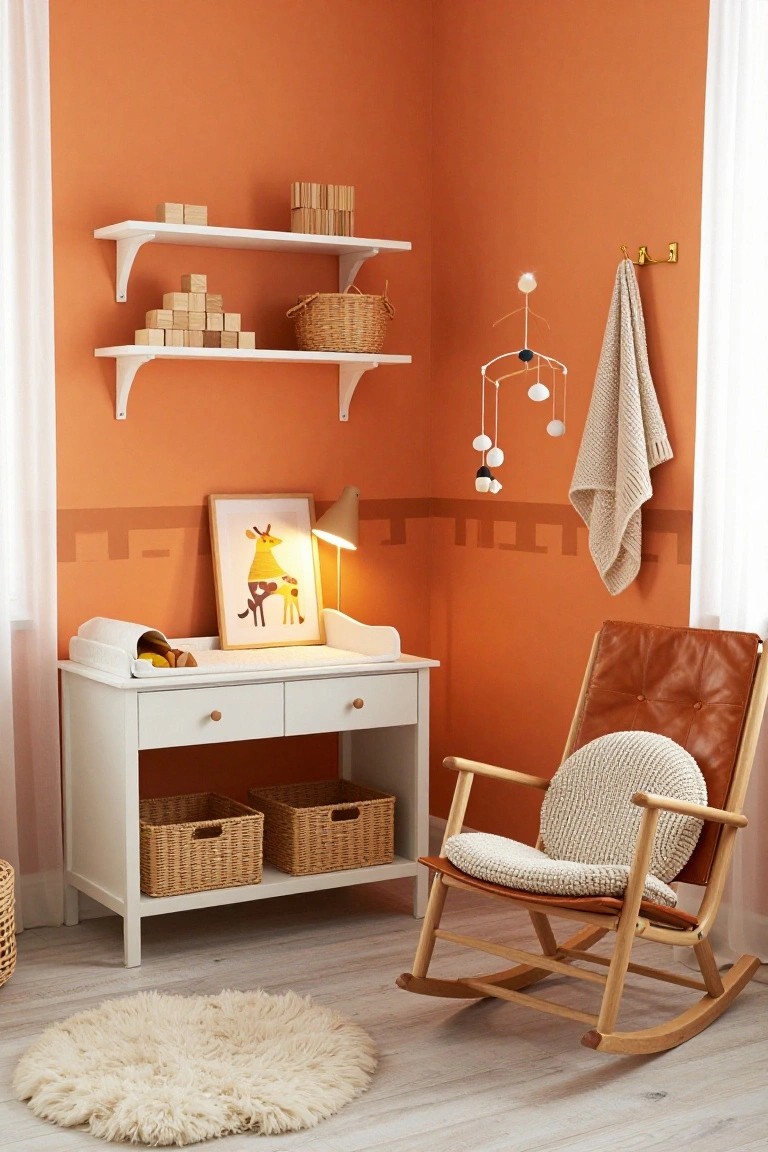 Corner of a nursery with orange walls, white changing table dresser with wicker baskets, tan leather rocking chair with round white cushion, wooden shelves holding blocks and basket, giraffe artwork and lamp, hanging mobile, and beige towel on hook.