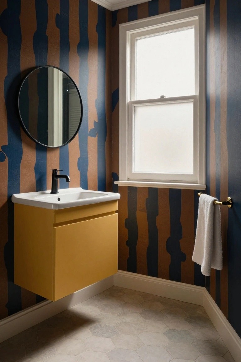 Small bathroom with navy blue and rust-colored abstract irregular striped wallpaper on walls, yellow floating vanity with white sink and black faucet, round black mirror, brass towel rail with white towel, white sash window, and gray hexagonal floor tiles.