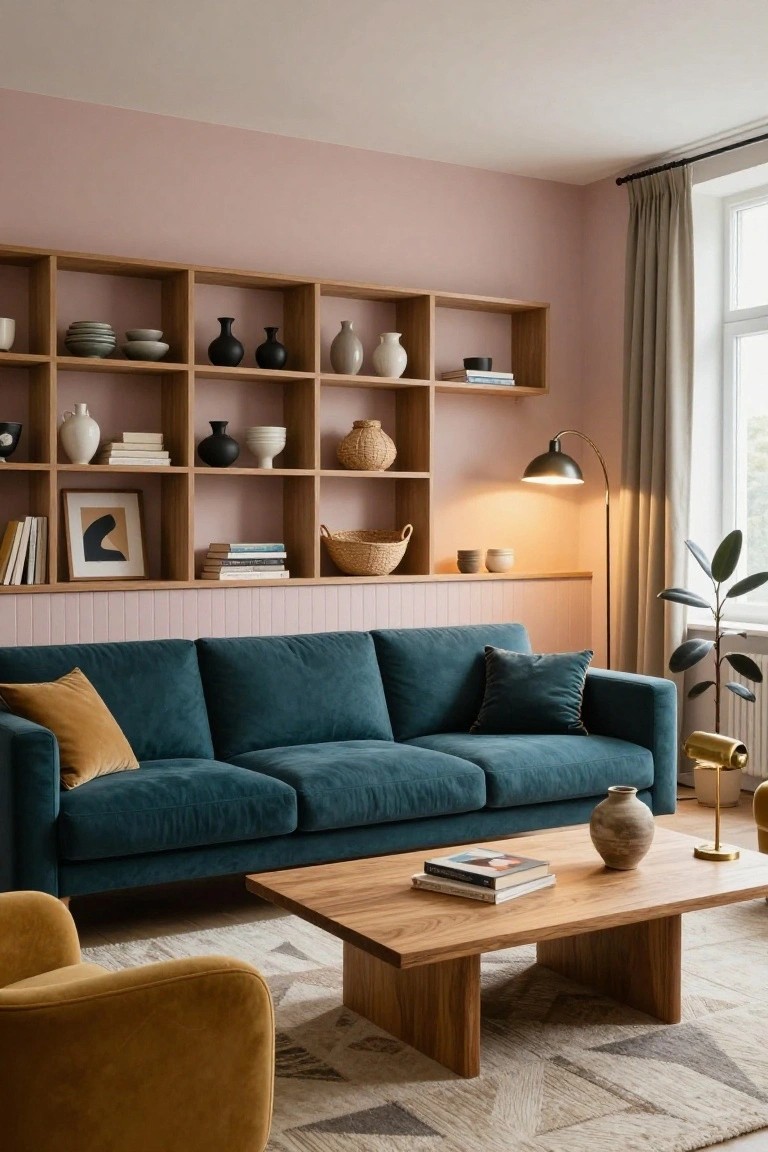 Living room with blush pink walls and paneled lower section, extensive open wooden shelving filled with ceramics, vases, books, and baskets, teal velvet sofa with yellow pillows, oak coffee table with books, mustard armchair, floor lamp, plant, and beige patterned rug.