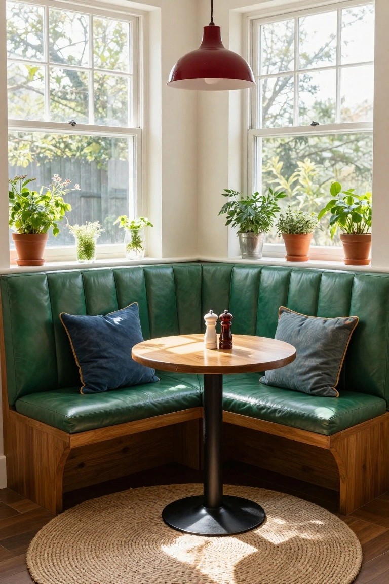 Corner booth with green tufted leather banquettes, round wooden pedestal table holding salt and pepper shakers, potted plants on windowsills, red pendant light overhead, and beige jute rug on wood floor.