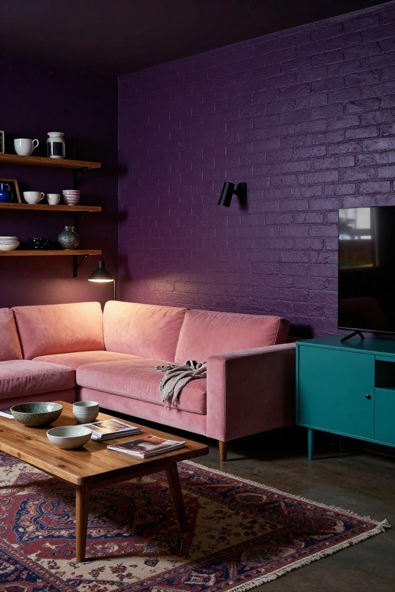 Living room with deep purple painted brick walls, blush pink L-shaped velvet sofa, wooden coffee table with bowls, teal media cabinet under TV, open shelves with ceramics, and patterned rug.