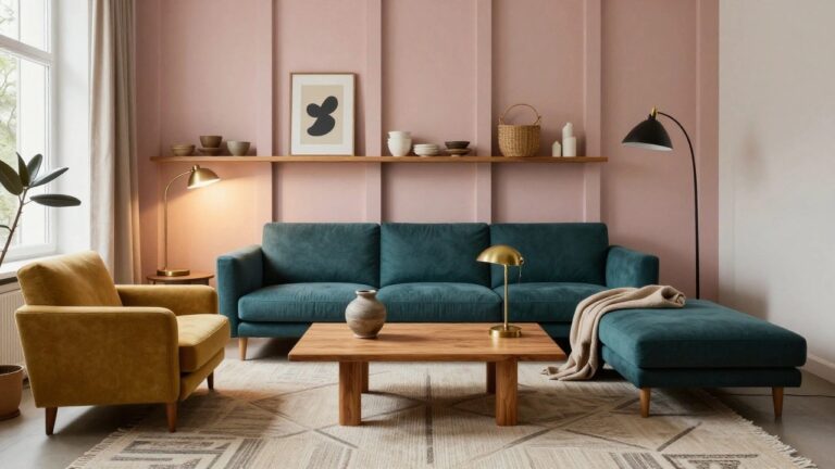 17 Bold Colorful Danish Interior Ideas To Add Personality Living room with blush pink walls and paneled lower section, extensive open wooden shelving filled with ceramics, vases, books, and baskets, teal velvet sofa with yellow pillows, oak coffee table with books, mustard armchair, floor lamp, plant, and beige patterned rug.