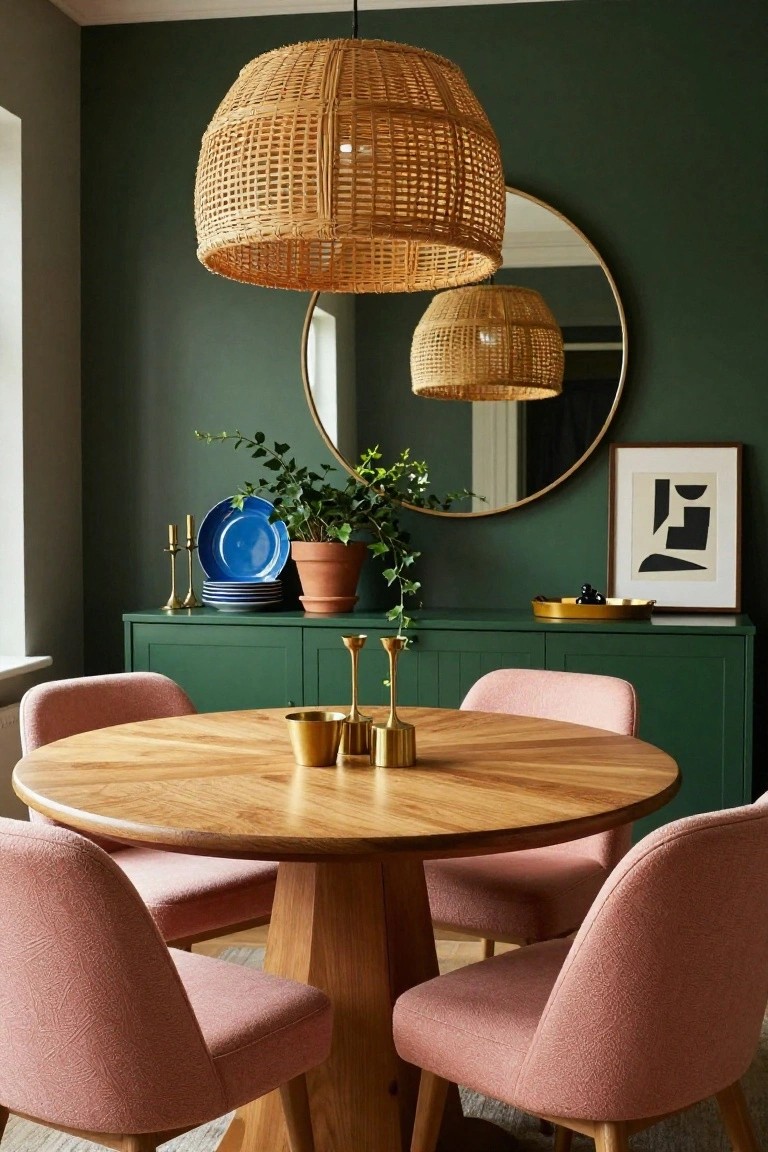 Dining room with deep green walls, round wooden table, four pink upholstered chairs, rattan pendant light, large round mirror, green sideboard with blue plates, potted plant, and brass accessories.