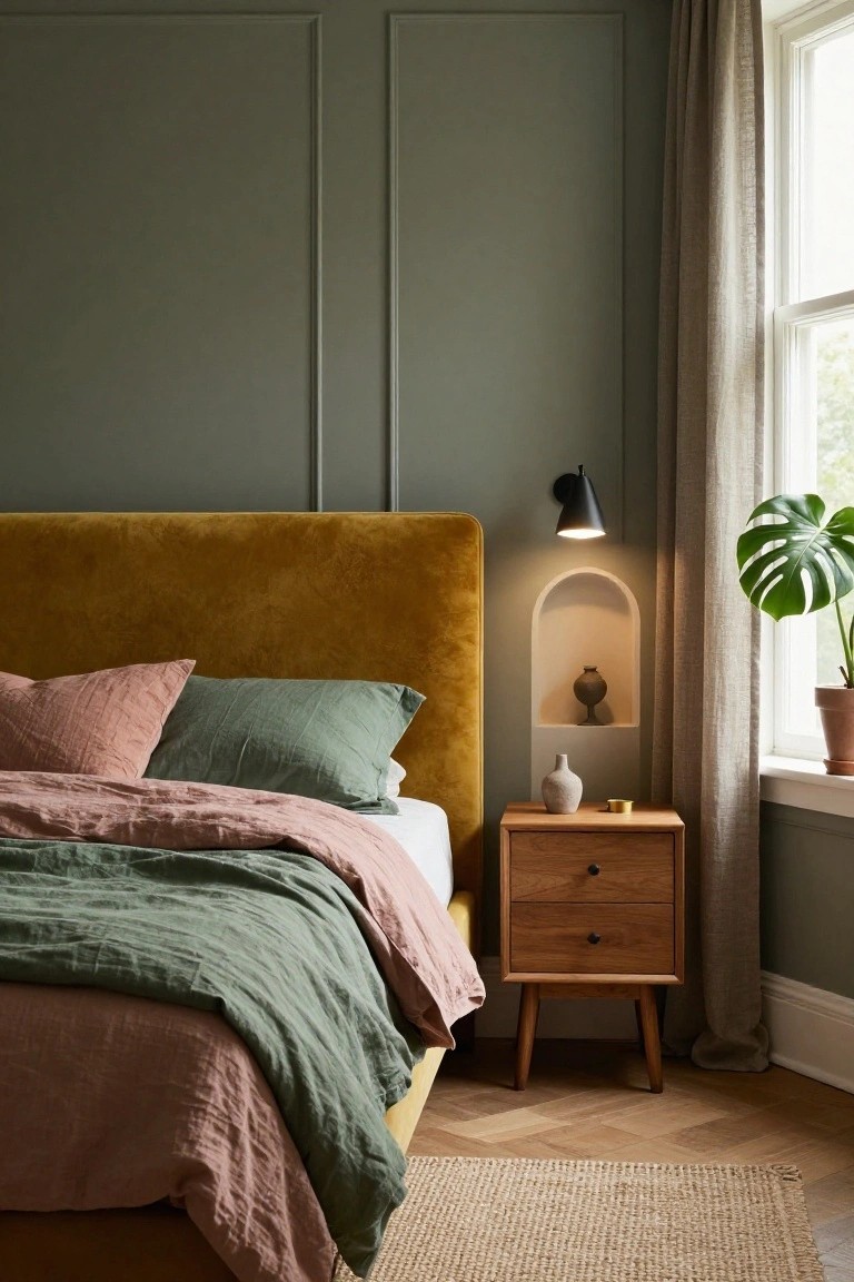 Corner view of a bedroom featuring sage green paneled walls, mustard yellow velvet upholstered headboard on a bed with green and pink linen bedding, wooden nightstand with vase, arched niche with pottery, black wall lamp, beige curtains on window, monstera plant, and seagrass rug on parquet floor.