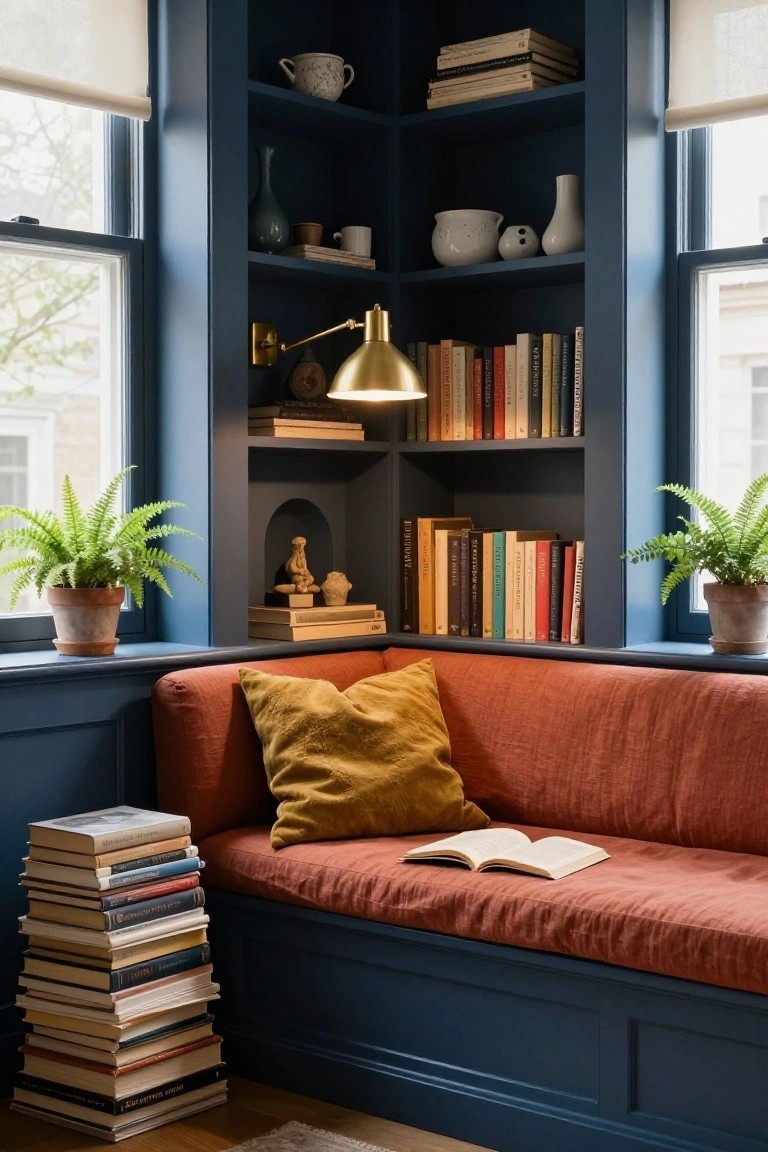 Corner window seat in navy blue built-in bookshelves stocked with books and ceramics, terracotta fabric bench with mustard pillows and an open book, potted ferns on sills, stacks of books on floor.