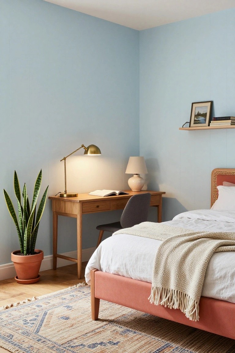 Corner of a light blue paneled bedroom with wooden desk, adjustable gold desk lamp, open book, white ceramic lamp, potted snake plant, gray chair, rattan headboard on pink upholstered bed with white linens and cream knit throw, floating wood shelf with books and framed photo, wood floor, patterned rug.