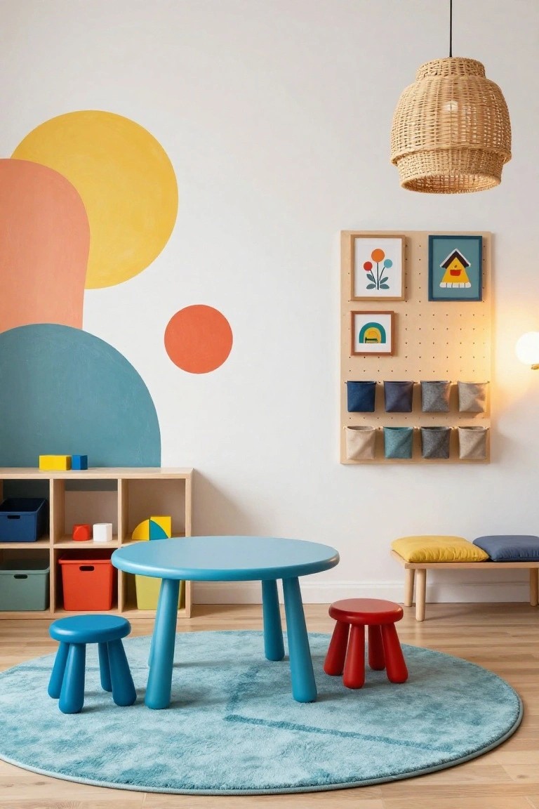 A children's playroom with large abstract semi-circular shapes in yellow, orange, pink, teal, and red painted on white walls, a turquoise round table with blue and red stools on a blue rug, wooden shelves with toys, fabric storage pockets, and framed artwork.