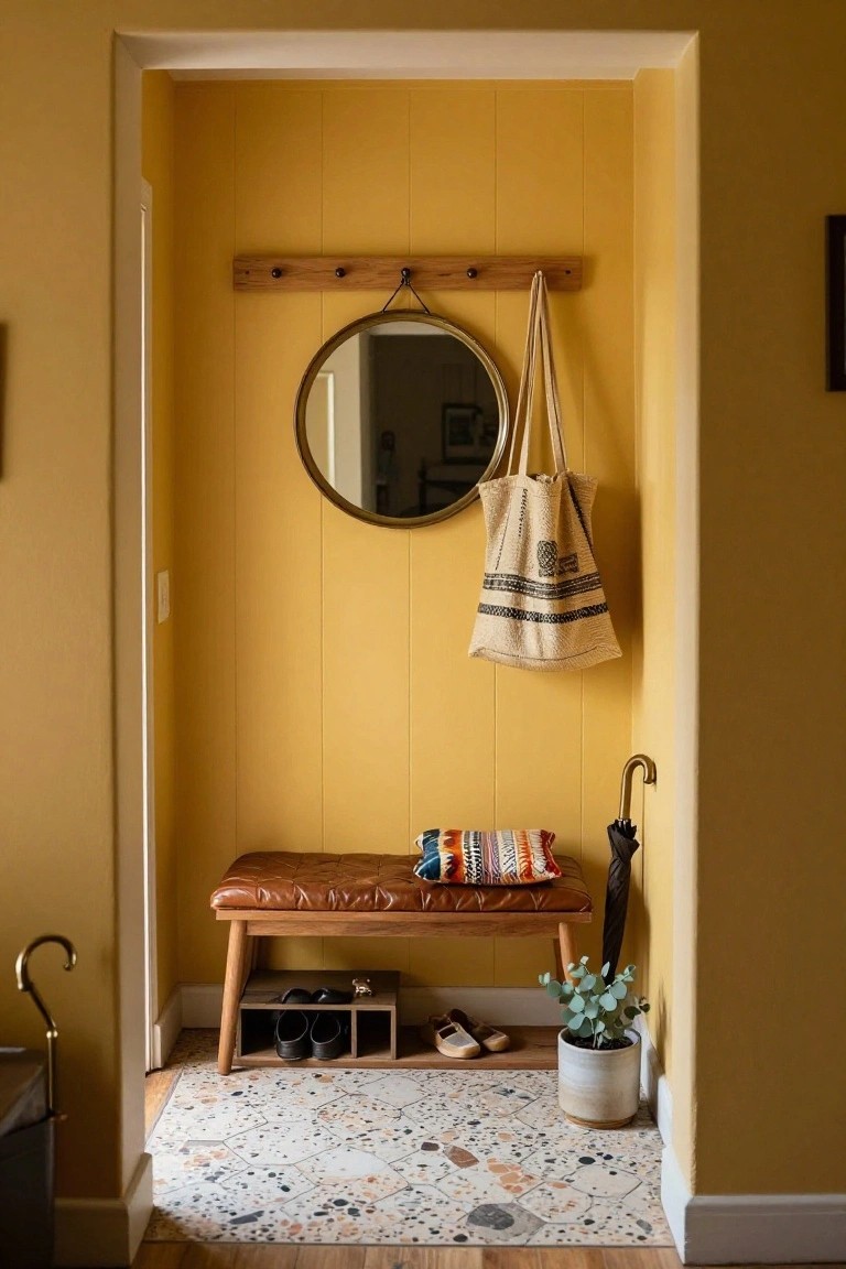 Narrow indoor entryway with mustard yellow shiplap walls, brown leather bench on wood legs with shoe cubbies below, round mirror, wood coat rack with hanging tote bag, umbrella, potted plant, and terrazzo entry rug.