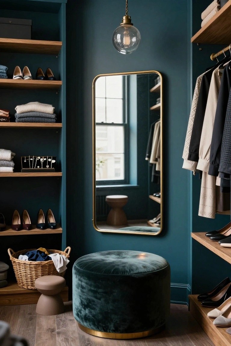 A walk-in closet with teal-painted walls, oak shelves stocked with folded clothes, shoes, and accessories, hanging garments, a tall gold-framed mirror, a green velvet pouf, a woven basket, and two stools on a wood floor.