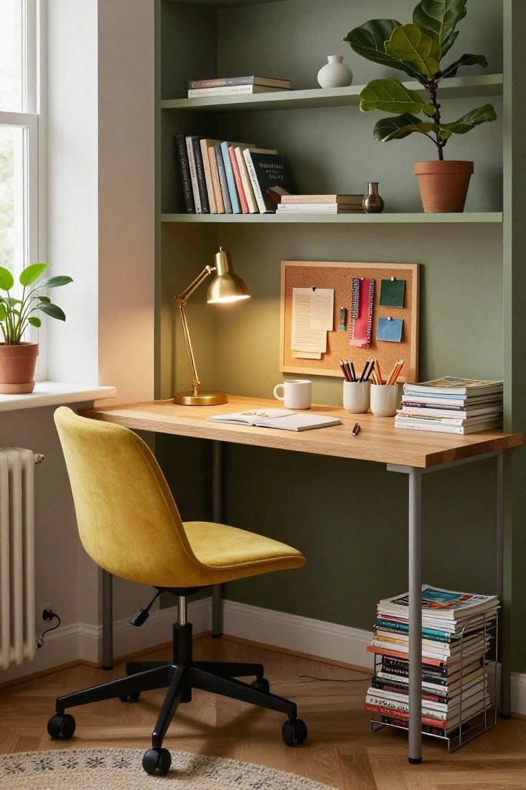 Home office with sage green built-in bookshelves holding books, plants, and pottery, light oak desk with open notebook, white mug, pencils, gold desk lamp, corkboard, mustard yellow swivel chair, and stacked magazines on the floor.