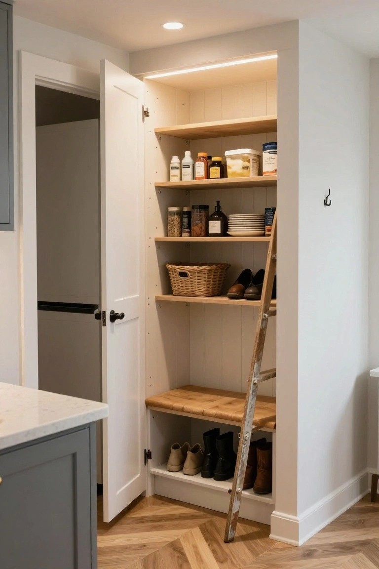 Open white walk-in pantry cabinet with light wood shelves holding pantry goods, bottles, a woven basket, stacked plates, and shoes on a lower wood bench with a leaning wooden ladder.