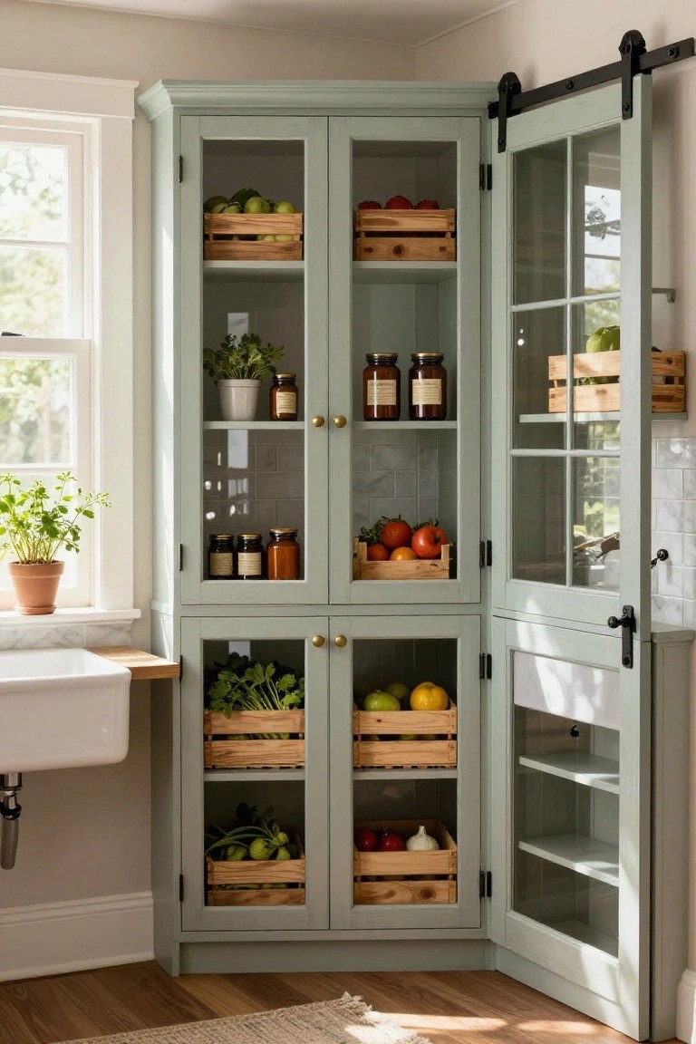 Sage green corner cabinet with glass-front doors in a farmhouse kitchen, containing wooden crates of fruits, vegetables, herbs, and jars, positioned next to a white farmhouse sink and window.