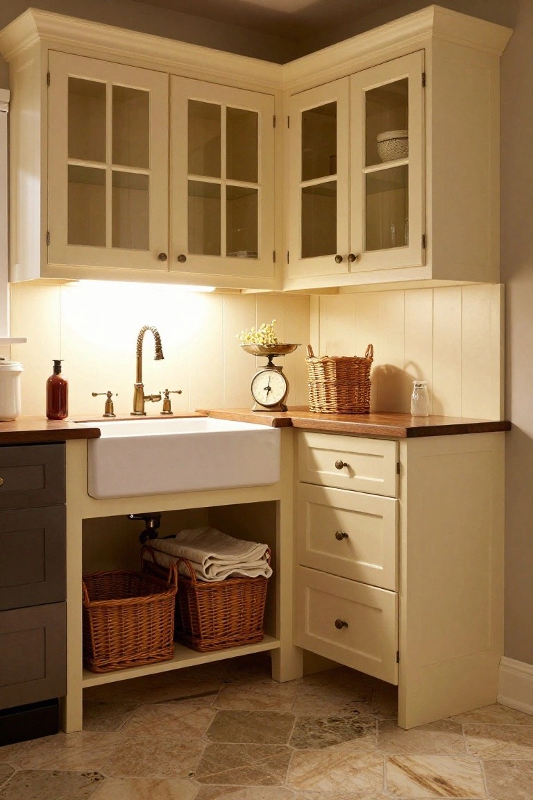 Corner kitchen view showing cream upper cabinets with glass doors, wood countertop, white apron-front sink with brass faucet, and open base storage holding wicker baskets and folded towels on beige tiled floor.