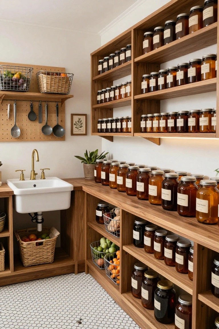 A walk-in pantry corner with extensive open wooden shelving stocked with labeled amber glass jars, a white apron sink with brass faucet, pegboard wall holding utensils, woven baskets of fruits and vegetables, and potted plants.