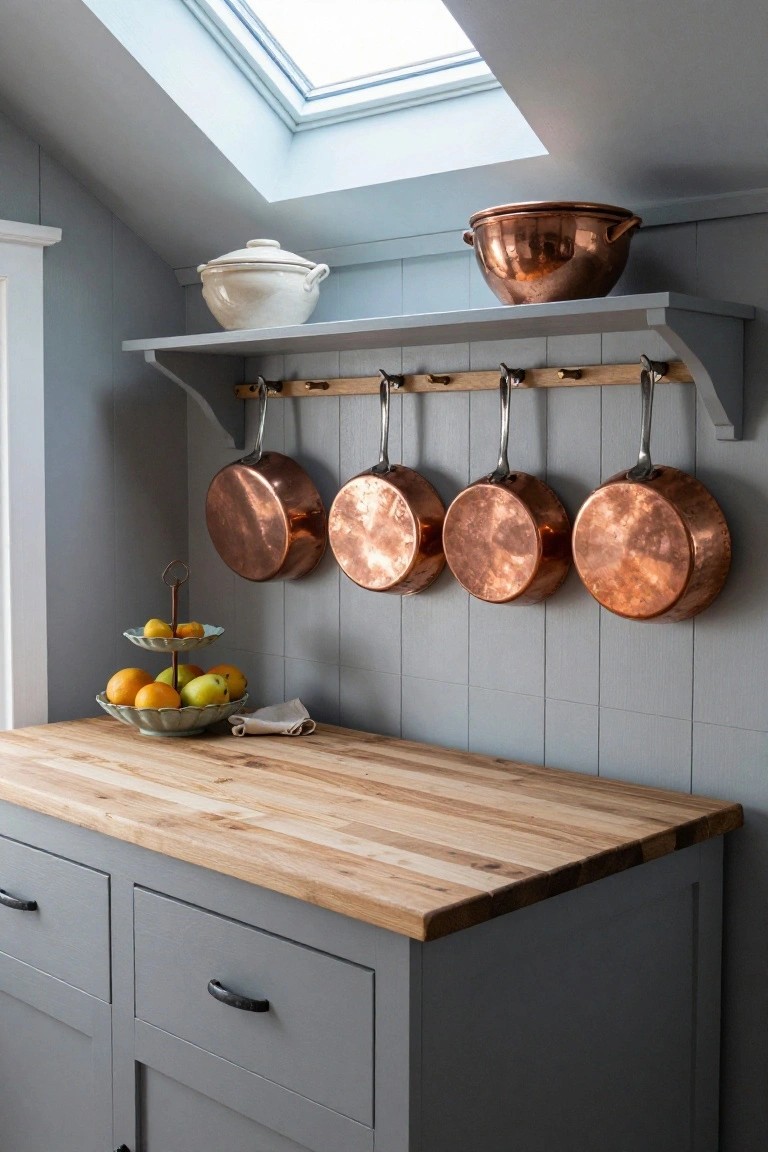 Gray shiplap wall in a kitchen with sloped ceiling and skylight, wooden shelf holding white lidded jar and copper bowl, four copper pots hanging from hooks below, butcher block counter with two-tiered fruit bowl of oranges and apple.