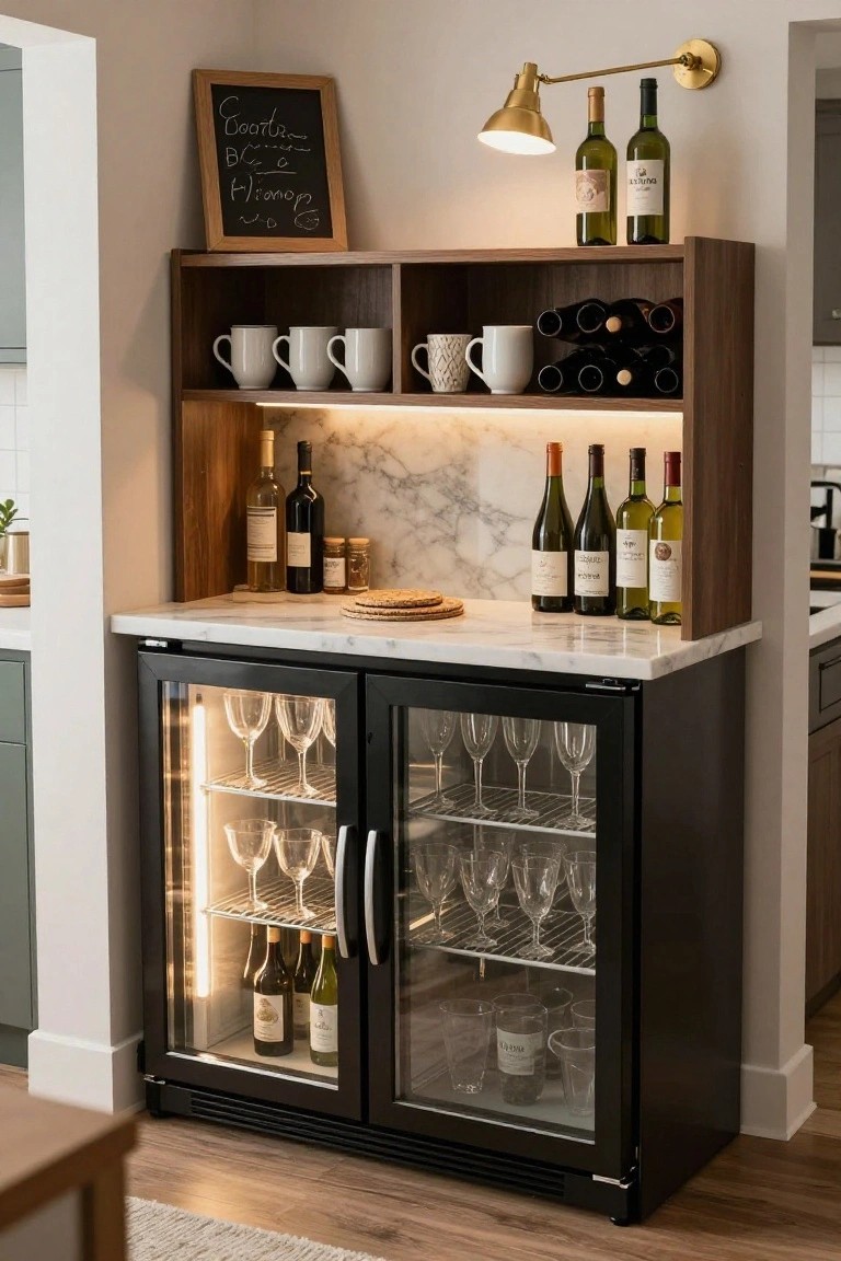 Black glass-door beverage fridge with marble countertop and wood open shelving above displaying wine bottles, glasses, mugs, and a chalkboard in a kitchen.